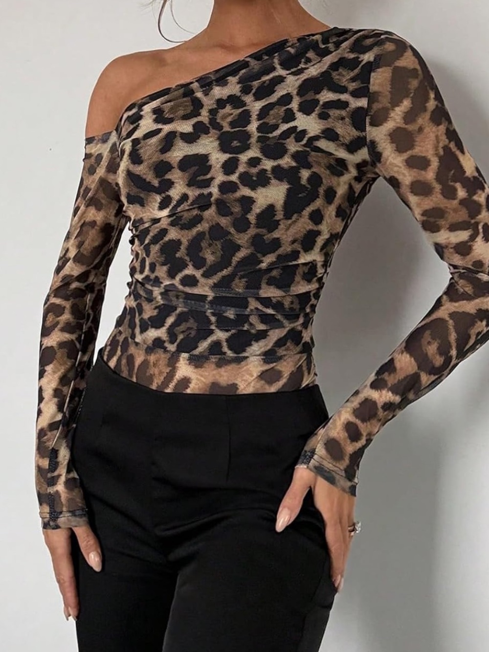 Leopard One-Shoulder Long Sleeve Top - Brown